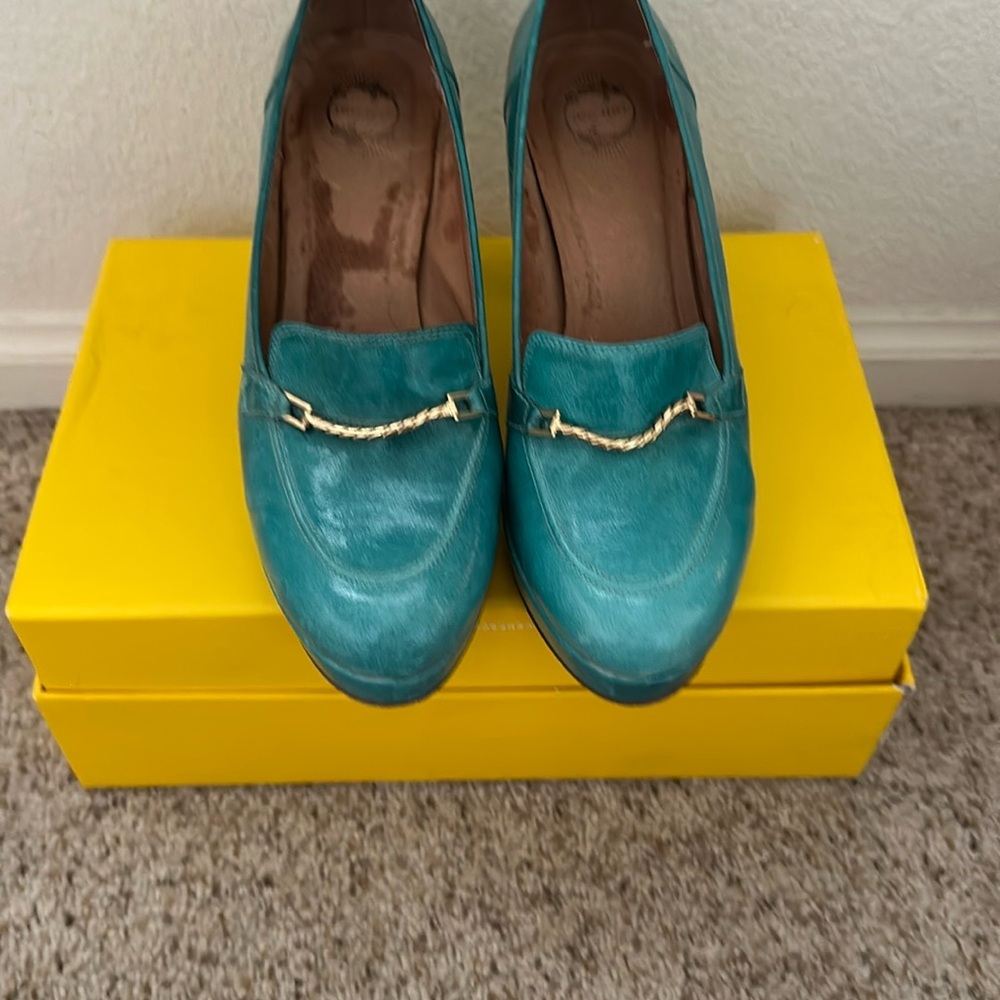 Elegant Turquoise Loafers with Gold Detail